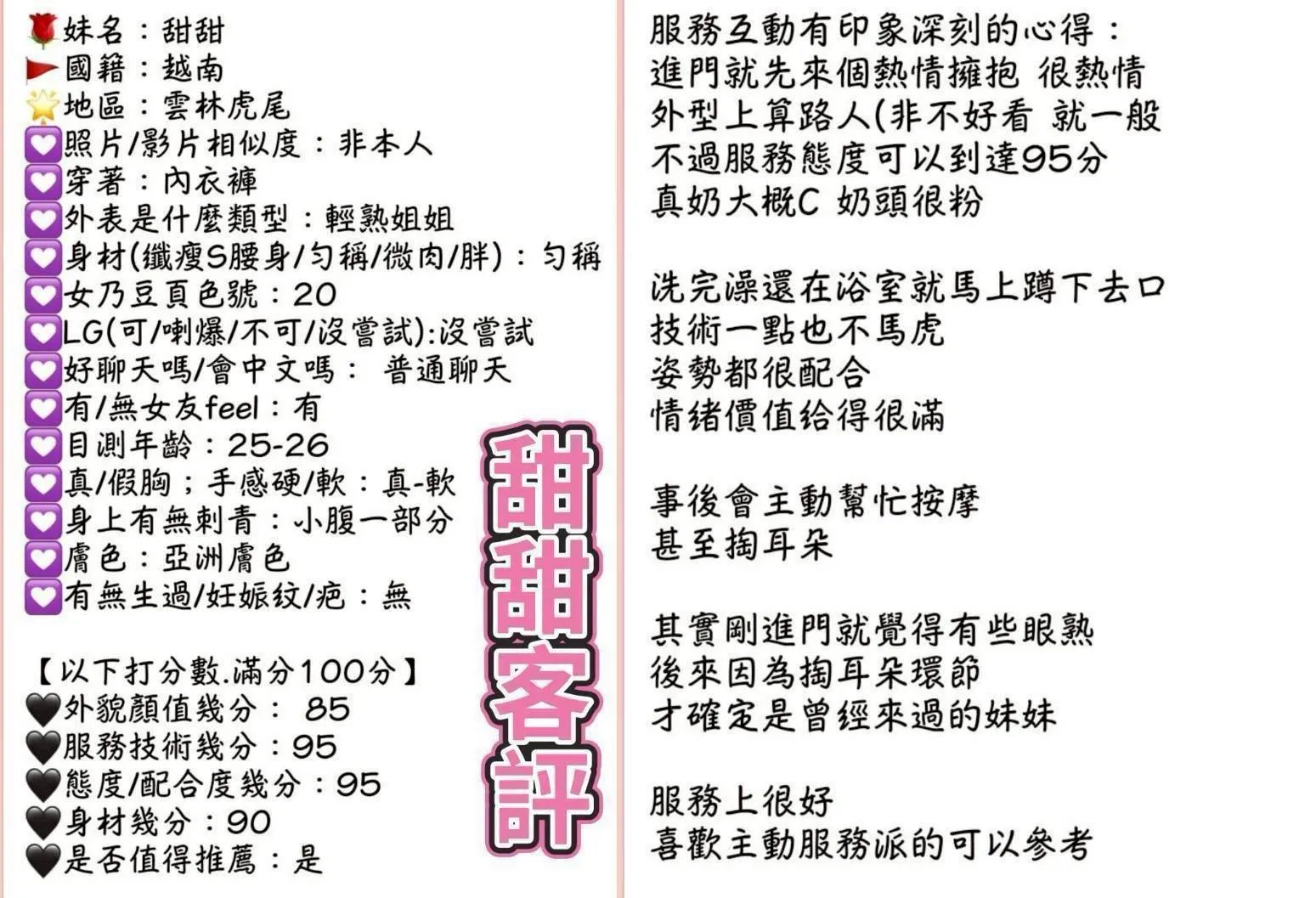 甜甜客人評價